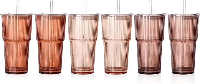 6PCS Venus Ribbed Glass Cups with Lids and Straws, 20oz Brown Vintage Drinking Glasses, Aesthetic Iced Coffee Cups, Glass Tumbler for Boba, Beer, Tea, Cocktails, Brown Ribbed Glassware Set (Venus-6)