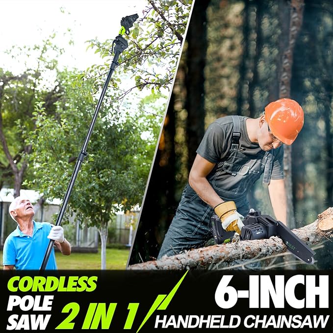 2-in-1 Cordless Pole Saw, 6 Inch Brushless Pole Chainsaws Mini Handheld Chainsaw with 2× 21V Batteries, 6.5lb Lightweight, Auto Oiling, 15 FT MAX Extension Pole Saws for Tree Trimming