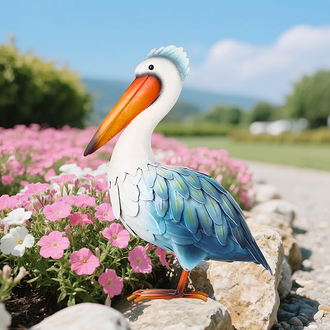 Pelican Statues Metal Garden Decor Coastal Blue Heron Yard Art Sculpture Ornament for Backyard Porch Patio Pond Decor