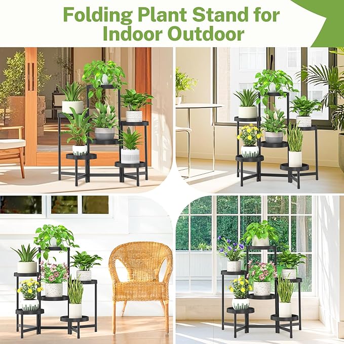 iDavosic.ly 6 Tier Folding Plant Stand Indoor Outdoor with Plastic Tray, Tiered Corner Flower Holder Shelf, Metal Orchid Display Rack for Patio Porch Living Room Garden Balcony, Modern Black