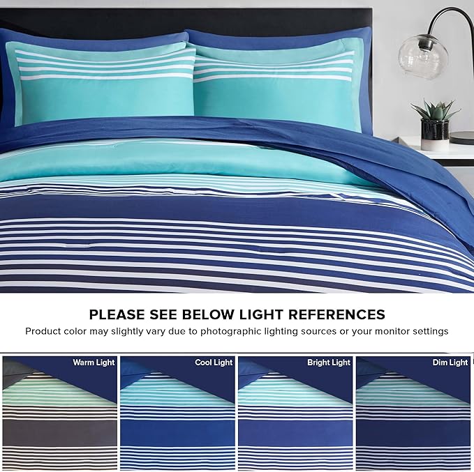 Comfort Spaces Full Comforter Sets with Sheets - Bed in a Bag 9 Pieces Teen Bedding Sets Full, Navy and Grey Stripes Bedding Full, College Full Bed Set, 2 Side Pocket Bedroom Organizer Full Navy