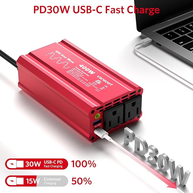 400W Peak Clipped Sine Wave Car Power Inverter DC 12V to AC(2 Outlets) 110V Car Charger Plug Adapter Power Converter with PD3.0 & QC18W Dual USB Charging Ports
