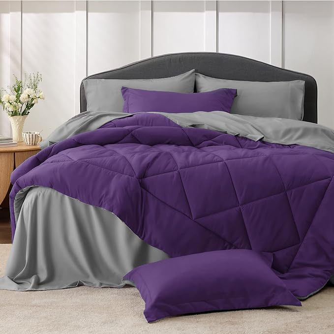 Bedsure Purple California King Comforter Set - 7 Pieces Reversible Bed Set Bed in a Bag California King with Comforters, Sheets, Pillowcases & Shams, California King Bedding Sets