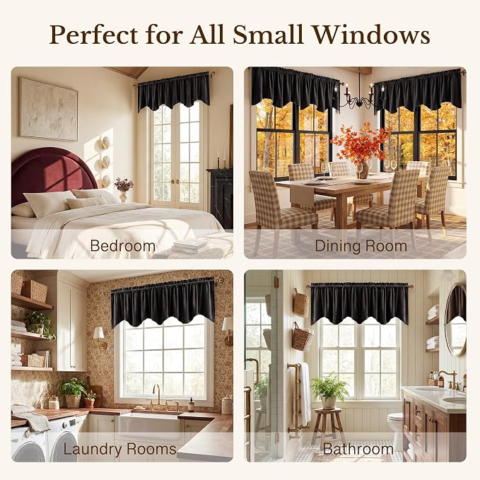 Velvet Window Valance 52x18 Inch 4-Panel Set | Soft Wavy Black Kitchen Curtains for Windows, Luxury Fabric Aesthetic Window Treatment for Bay Window, Living Room