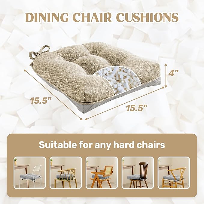 puredown® Chair Cushions for Dining Chairs, Tufted Memory Foam Chair Pads with Non-Slip Backing, Kitchen Seat Cushions with Ties, Washable Seat Pad Set of 4, 15.5" x 15.5" x 4", Khaki