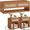 LEYAOYAO Boho Rattan Coffee Table Sets 3 Pieces, Nightstand with Charging Station and Coffee Table with Hidden Storage Compartment, Brown Living Room Table Set, Wood Furniture Sets for Home Office