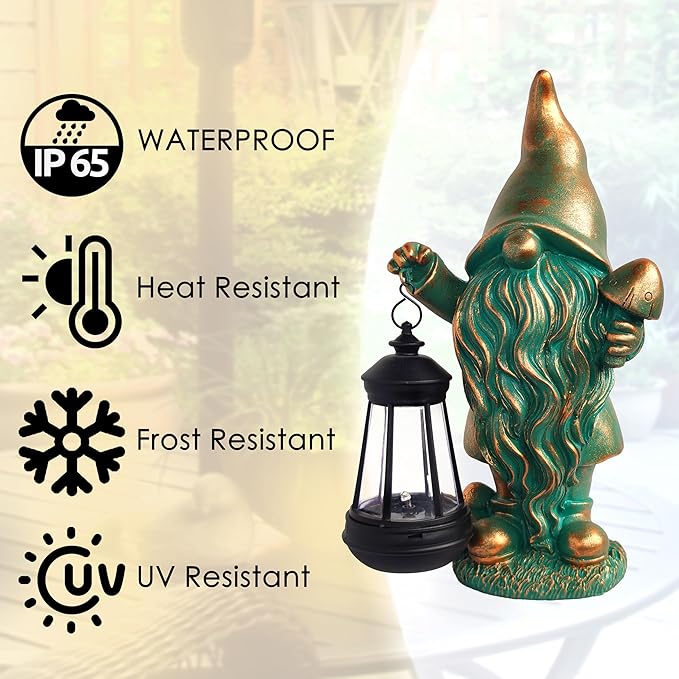 Gnomes Garden Statue Outdoor Décor with Solar Lights Lantern,Gnome Solar Light Figurines Outside Decorations for Yard，Lawn Patio, Balcony, Unique Housewarming Gifts
