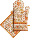 Maison d' Hermine 100% Cotton Oven Mitt & Pot Holder Set (7.5"x13" & 8"x8") | Heat Resistant BBQ Cooking Gloves with Loop Baking Grilling Kitchen Home Farmhouse Thanksgiving Christmas - Pumpkin Spice