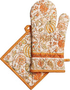 Maison d' Hermine 100% Cotton Oven Mitt & Pot Holder Set (7.5"x13" & 8"x8") | Heat Resistant BBQ Cooking Gloves with Loop Baking Grilling Kitchen Home Farmhouse Thanksgiving Christmas - Pumpkin Spice