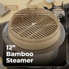 Bamboo Steamer Basket - Cook Delicious Meals with Authentic Flavor at Home | 12 Inch, 2 Tiers + 50 Liners, Chopsticks and Sauce Dish - Steam Family Portions of Dumplings, Bao and Vegetables at Once