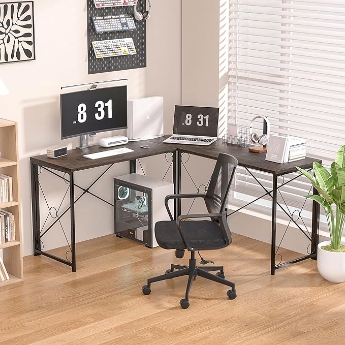 VECELO 59"x59" L Shaped Desk for Computer Gaming Multi-Usage Long 2 Person Table for Home Office Sturdy Writing Workstation, Easy Assembly/Saving Space, Oak Gray