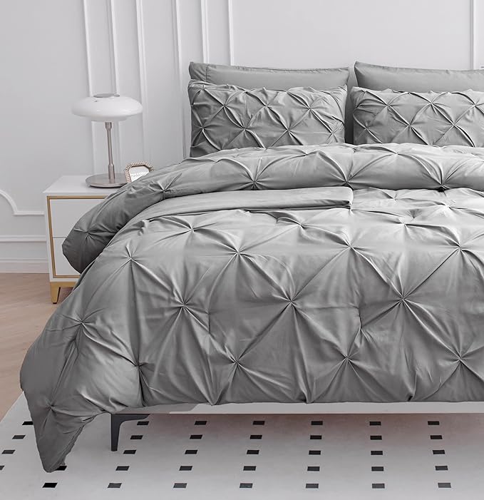 Lane Linen King Comforter Set, King Size Comforter Set 7 Pieces, Bed in a Bag King Size, Pintuck King Size Bedding Sets, King Bed Set, King Size Comforter Set with Sheets, Pillowcases & Shams - Silver
