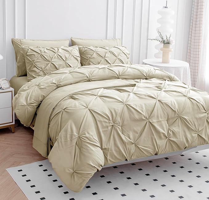 LANE LINEN Split King Size Bedding Comforter Set, Soft 8 Piece Split King Bed in a Bag with 1 King Size Comforter, 1 King Size Flat Sheet, 2 Twin XL Fitted Sheets, 2 Pillowcases & 2 Shams - Linen