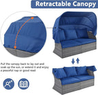 Rectangle Furniture Daybed Sunbed with Retractable Canopy, Outdoor Wicker Conversation Set with Cushions for Patio, Backyard, Porch, Garden, Bc-Blue + Rattan