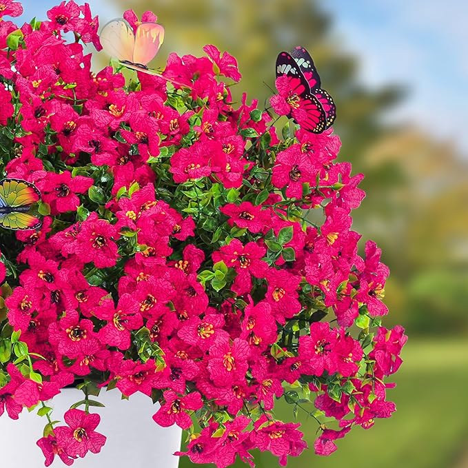 ‌20 Bundles Artificial Flowers for Outdoors‌ with 6 Faux Butterflies, UV Resistant ‌Fake Flowers‌ with Eucalyptus Leaves, ‌Artificial Plants Outdoor‌ for Patio Garden Porch Home Decor (Rose Red)