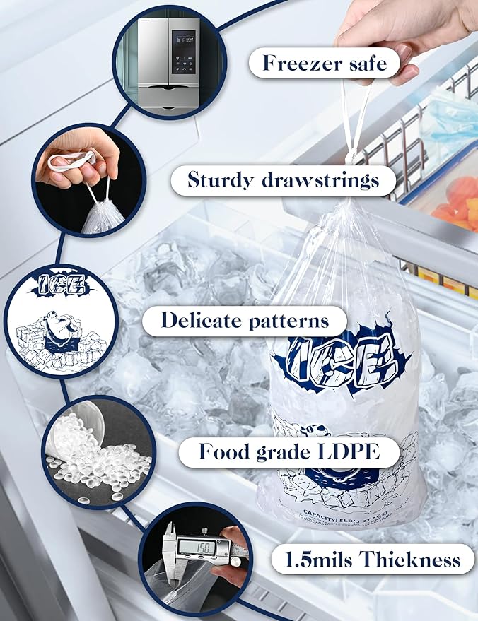 Ice Bags 10 lb with Drawstring,50 Pack Plastic Ice Bags for Ice Storage