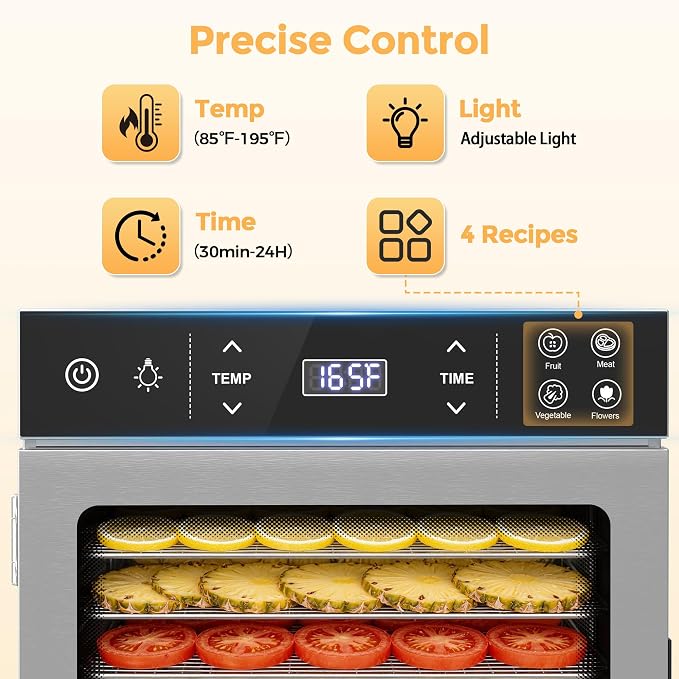 Suteck 400W Food Dehydrator with 10 Trays for Jerky, Fruit, Veg, Meat | Stainless Steel, 4 Presets, Strong Dual Fans & 360° Airflow, 85°F–195°F, 48H Timer, Built-in Light, Quiet