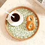 Round Rattan Tray with Mother of Pearl Inlay & Wooden Base - Decorative Wicker Serving Tray for Coffee/Bread/Fruits, Food Storage & Display - Multipurpose Home Decor (M,Green Leaves)