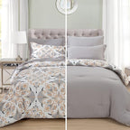 EMME Twin Comforter Set - Grey White Floral Bedding Set 5 PCS with Geometric Flowers Pattern, Soft Plant Printed Botanical Bed Set with Sheets,Fluffy Bed Bag for All Season(68"X90")