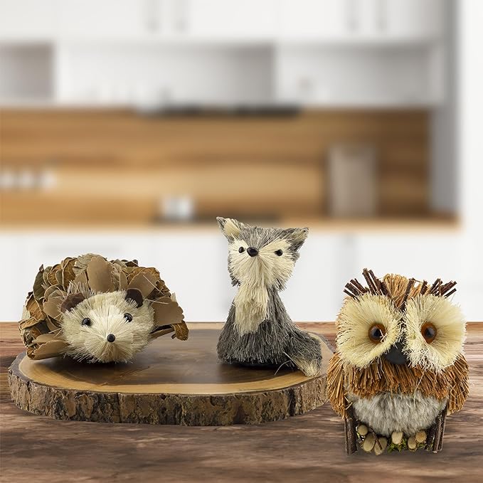 AuldHome Design Woodland Friends Figurines (Set of 3, Fox/Owl/Hedgehog); Forest Animals Decor for Fall, Christmas, Winter and Themed Decor or Parties