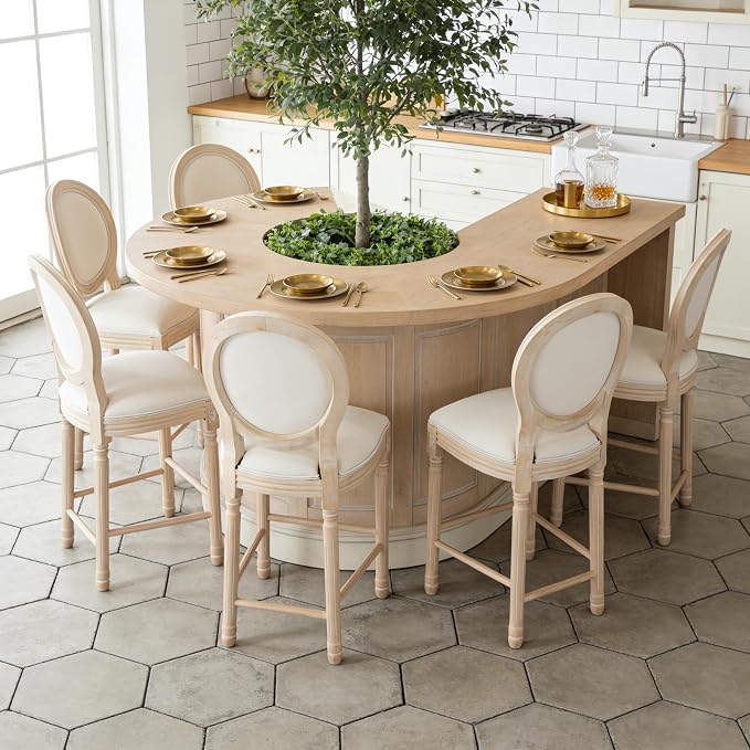French Country Barstool, Linen Farmhouse Counter Height Chair | Set of 6, with Cushion Round Back and Solid Wood Legs, Oval Chairs for Restaurant, Bar, Kitchen, Café, Beige