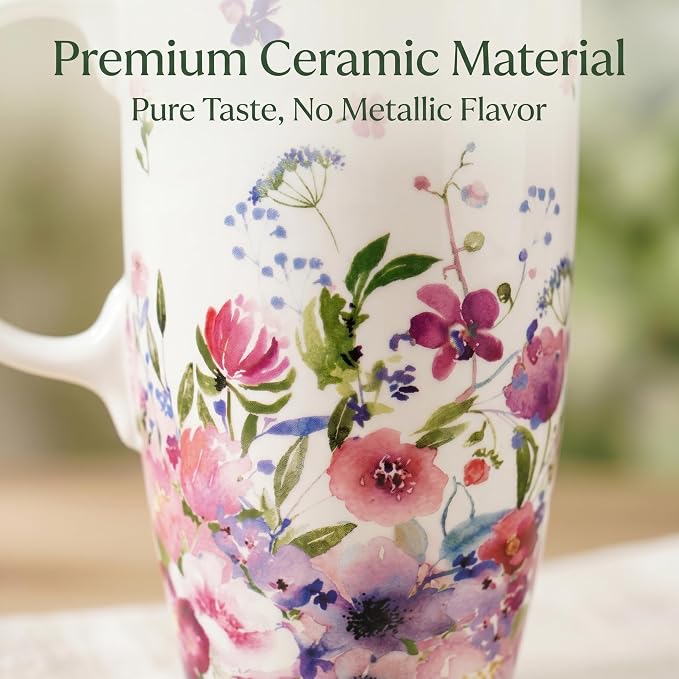Topadorn 17oz Ceramic Travel Mug with Lid, Floral Coffee Mug with Handle | 17oz Ceramic Travel Mug • Floral Watercolor Design • Spill-Resistant Lid • Microwave & Dishwasher Safe • Gift Box