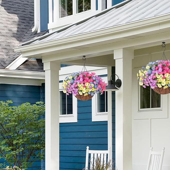 Artificial Faux Hanging Plants Flowers Basket for Outdoors Spring Summer Decoration, Silk Morning Glory Eucalyptus Look Real UV Resistant Fake Flowers for Porch Outside Patio Balcony Yard Home Garden
