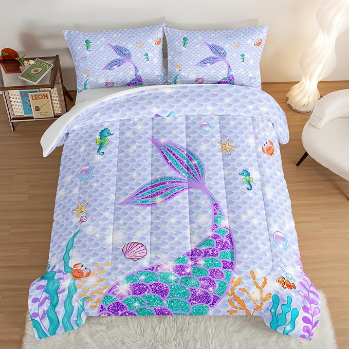HOSIMA Mermaid Tail Comforter Set 3Pcs with 2 Pillowcases,Purple Fish Scales Bedding Set for Girls Kids Women,Cartoon Ocean Life Sea Animal Full Size Bed in a Bag Set Mermaid Room Decor