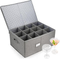 LotFancy Stemware Storage Container for Moving, Hard Shell, Wide Wine Glass Storage Box with Dividers & Handles, Stackable, Foldable Crystal Glassware Case, 21”x15.5”x10”, Grey