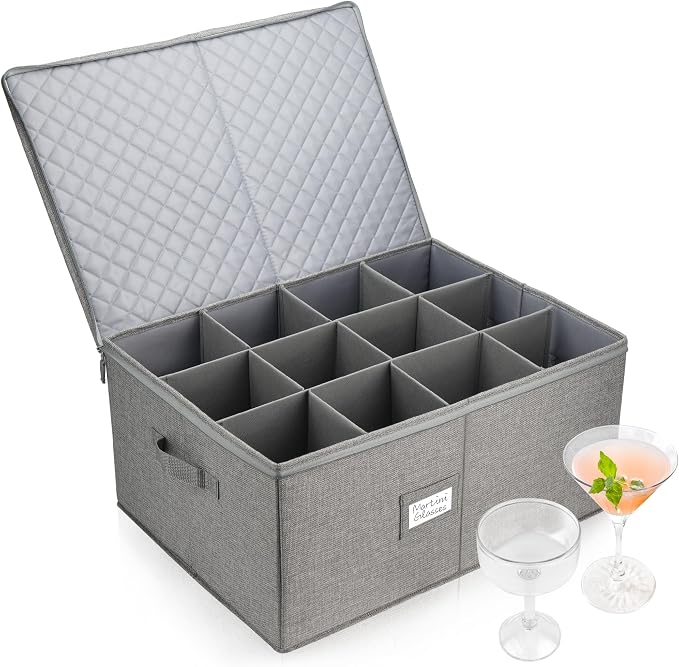 LotFancy Stemware Storage Container for Moving, Hard Shell, Wide Wine Glass Storage Box with Dividers & Handles, Stackable, Foldable Crystal Glassware Case, 21”x15.5”x10”, Grey