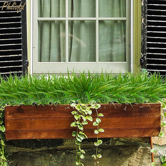 6Pcs Artificial Grass Fake Plants 17.3in 16 Leaves Outdoor Fake Grass UV Resistant Greenery Plastic Plants for Home Window Garden Office Patio Hanging Planter Pathway Front Porch Décor