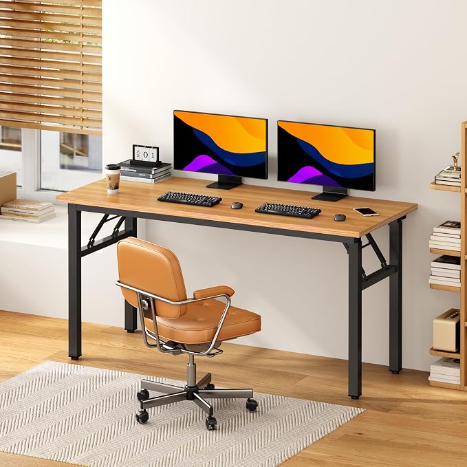 DlandHome 59.8 Inch Large Folding Computer Desk, Fully Assembled Teak Black | Foldable Writing Table, Portable Activity Conference Table for Home Office, Wood Top Metal Frame, Collapsible Easy Storage