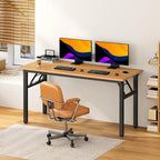 DlandHome 59.8 Inch Large Folding Computer Desk, Fully Assembled Teak Black | Foldable Writing Table, Portable Activity Conference Table for Home Office, Wood Top Metal Frame, Collapsible Easy Storage