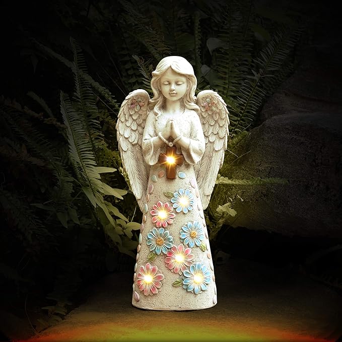 Angel Garden Figurine Outdoor Statue, Solar Garden Sculpture with 7 LEDs Welcome Sign Resin Praying Angel Art Decor for Patio Lawn Yard Porch Decoration, Housewarming Gift