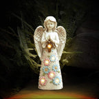 Angel Garden Figurine Outdoor Statue, Solar Garden Sculpture with 7 LEDs Welcome Sign Resin Praying Angel Art Decor for Patio Lawn Yard Porch Decoration, Housewarming Gift