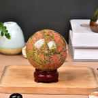 JIC Gem Healing Crystal Sphere Ball with Wood Stand Natural Unakite Rock Gemstone Sphere Crystal Orbs for Meditation Grid Decor (80-90mm)