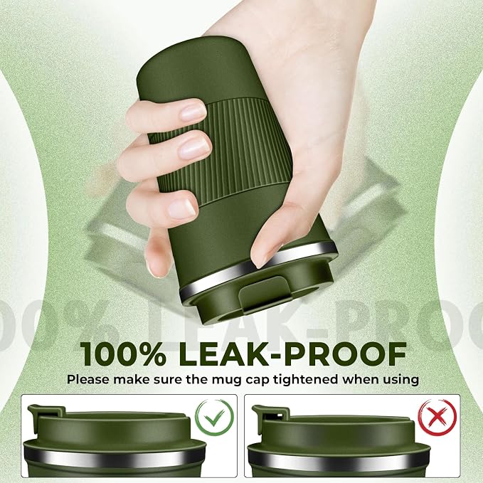 Insulated Coffee Tumbler 12 oz, Stainless Steel Coffee Mug with Lids, Travel Coffee Mug Leak Proof, Double Wall Vacuum Insulated Reusable Coffee Cup, Keep Drinks Hot and Cold, Military Green, 12 Ounce