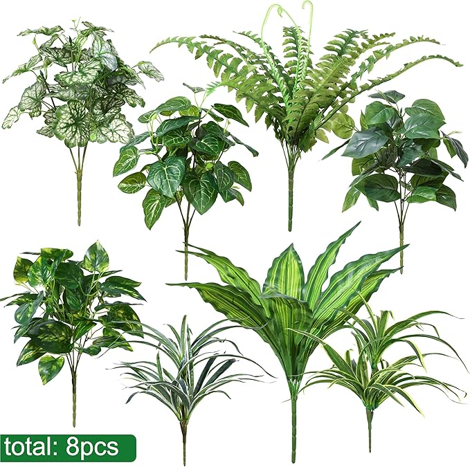 Artificial Greenery Plants Fake Plastic Leaves with Stems UV Resistant Large Bunches Outside Faux Plants Bushes for Outdoor Patio Garden Front Porch Yard Decor (Green)