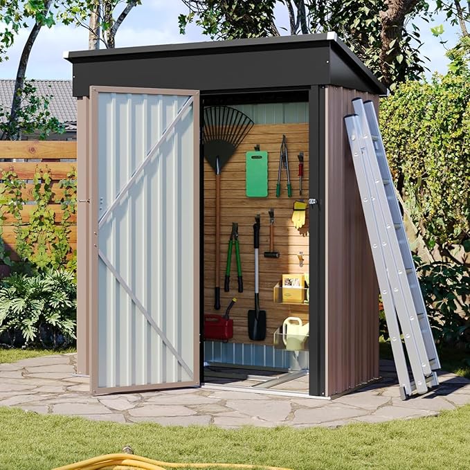 Aoxun 5x3 ft Galvanized Metal Outdoor Storage Shed with Base Slanted Roof Tool House with Stainless Latch & Base Frame Durable Weather-Resistant Garden Shed for Patio, Brown