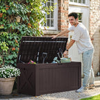 Greesum 120 Gallon Deck Box, Resin Outdoor Storage Container for Patio Furniture, Garden Tools, Pool Accessories, Weatherproof, Lockable, Brown