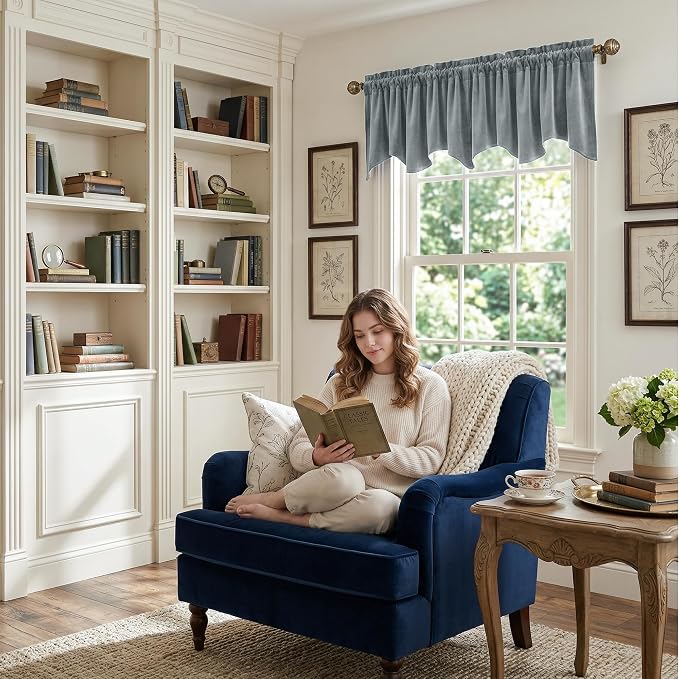 Stone Blue Velvet Window Valance Scalloped 52x18 Inch 1 Panel | Soft Wavy Blue Scalloped Curtains for Small Windows, Modern Window Treatment for Bathroom, Laundry, RV