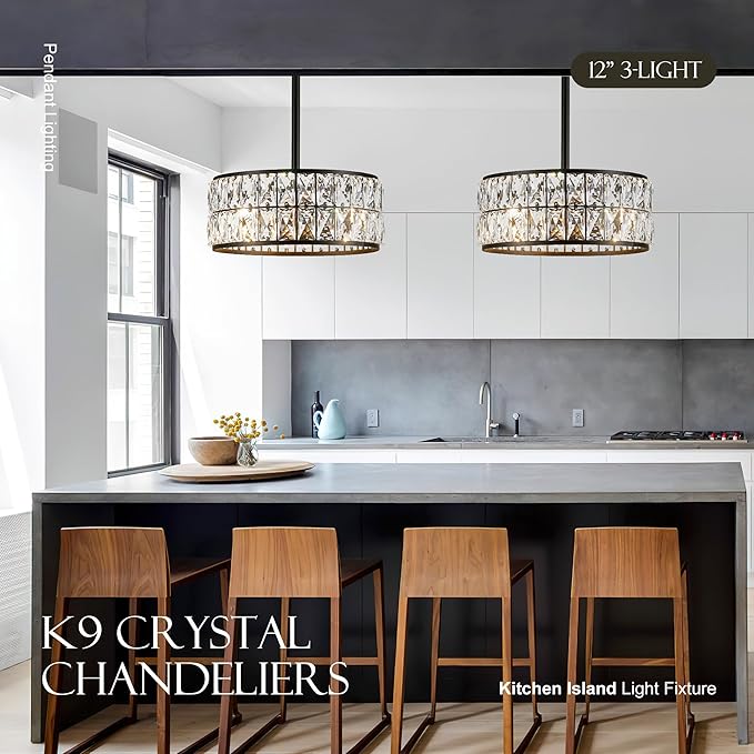 12” 3-Light Modern Crystal Chandeliers Black Dinning Room Light Fixture with Two Poles, Round Pendant Light Kitchen Island Chandelier, Flush Mount Ceiling Light for Living Room Entryway