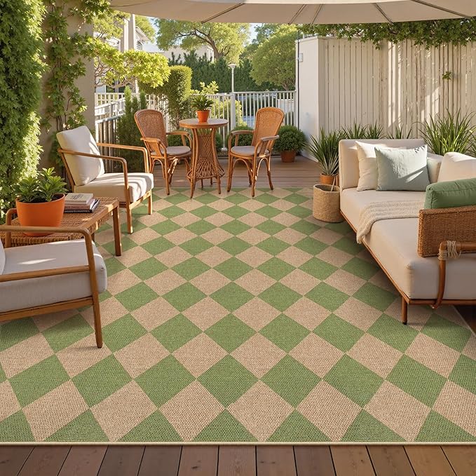 Lahome Checkered Dining Living Room Rug, 8x10 Washable Indoor Outdoor Easy Jute Rug, Farmhouse Neutral Diamond Non Slip Non Shedding Floor Carpet for Sunroom Deck Classroom Office