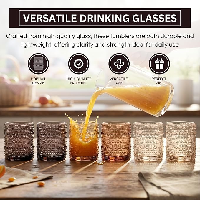 Venus Amber Brown Hobnail Highball Glasses Vintage Tumblers Set of 6 11 oz | Vintage Beaded Design, Embossed Bubble Texture, Elegant Color, Timeless Drinkware for Home Bars, Parties, and Housewarmings
