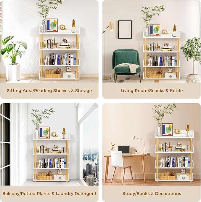 4-Tier Wooden Bookshelf, Modern Open Bookcase with Top Edge and Solid Wood Frame, Freestanding Bookshelf Storage Organizer for Home Office Living Room