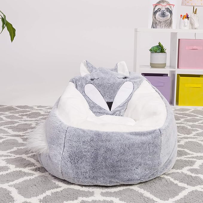 Posh Creations Cute Soft and Comfy Bean Bag Chair for Kids, Large, Animal - Silver Fox