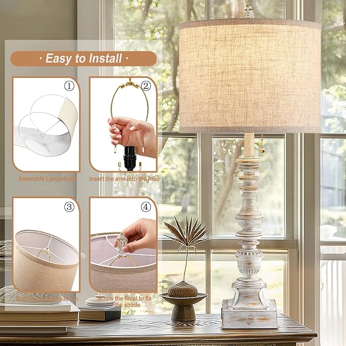 Set of 2 Farmhouse Table Lamps for Living Room, 29.5" Inch Tall Rustic Bedrooms Nightstand Table Lamp with USB-C & USB-A Charging + AC Outlet, Pull Chain Bedside Lamp for End Table, Antique White