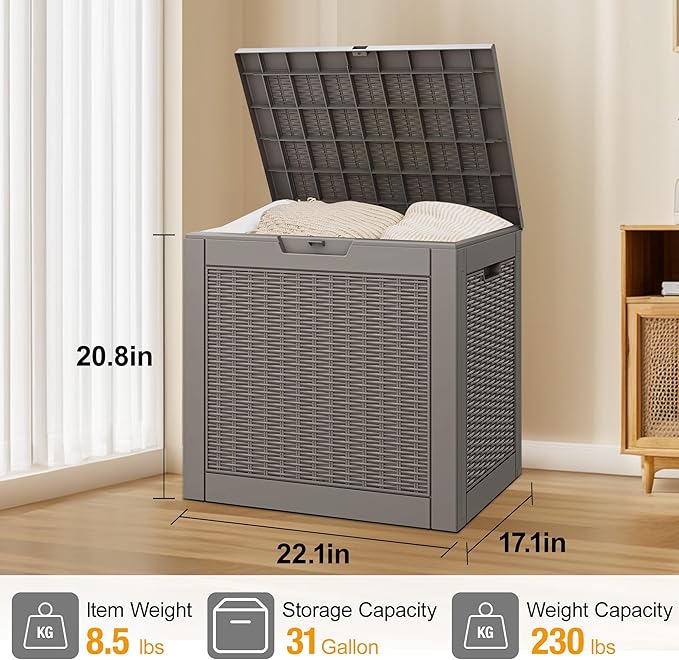 KAMABOKO 30 Gallon Outdoor Storage Box, Resin Deck Boxes Indoor and outdoor, Waterproof Storage Box Lockable Lid for Garden Tools, Package Delivery, Pool Supplies, Patio Cushions, Grey