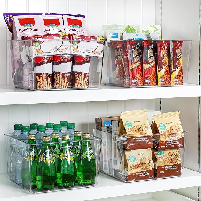 Vtopmart 4 Pack Extra Large Clear Plastic Storage Bins,11x11 Cube Acrylic Organizer Square Containers with Handle for Pantry,Closet,LaundryRoom,Kitchen,Bathroom,UnderSink Organization