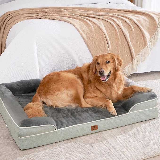 EHEYCIGA Orthopedic Dog Beds for Large Dogs, Waterproof Memory Foam Large Dog Bed with Sides, Non-Slip Bottom and Egg-Crate Foam Large Dog Couch Bed with Washable Removable Cover, Greyish Green